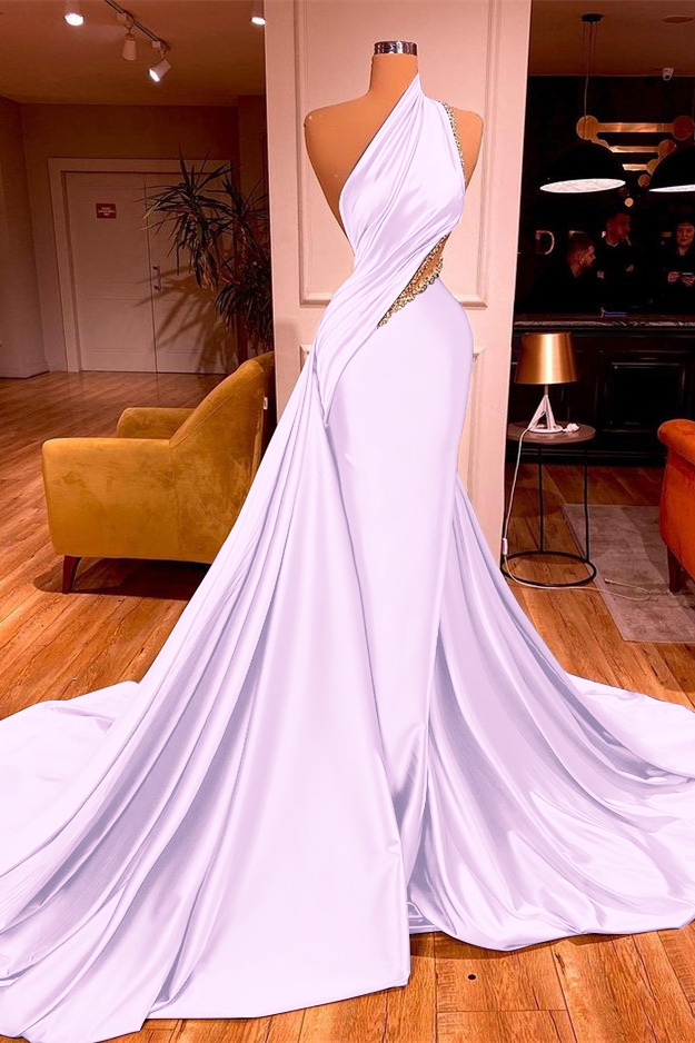 Oknass Chic Long Beadings Sleeveless Mermaid Prom Dress One Shoulder With Ruffles