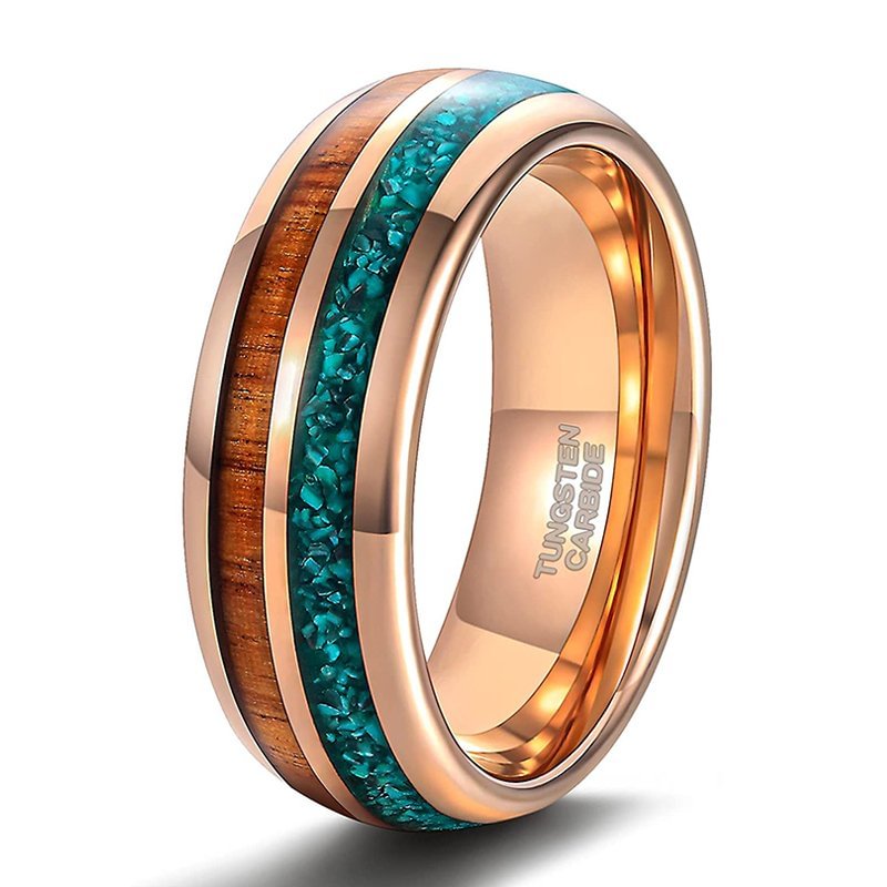 8mm Turquoise And Wood Inlay Rose Gold Tungsten Carbide Rings Men's Wedding Bands