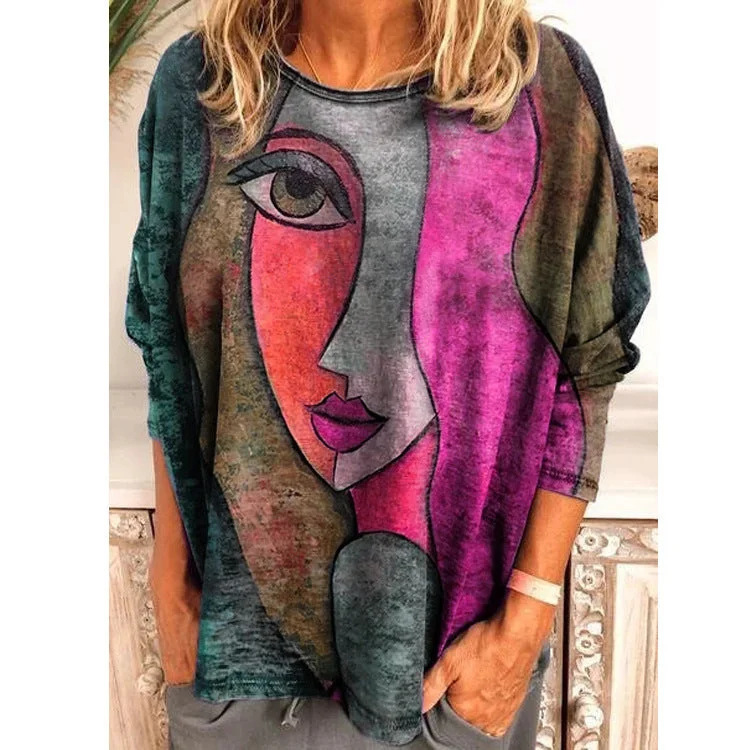 Uveng Size Women's Printing Print Long Sleeve Loose T-shirt