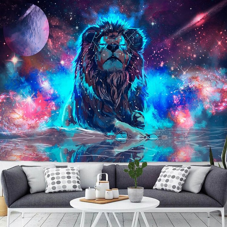 Psychedelic Lion Tapestry Galactic Sky Mandala Home Decor Wall Hanging Bohemian Room Decor Sacred Animal Witchcraft Tapestry