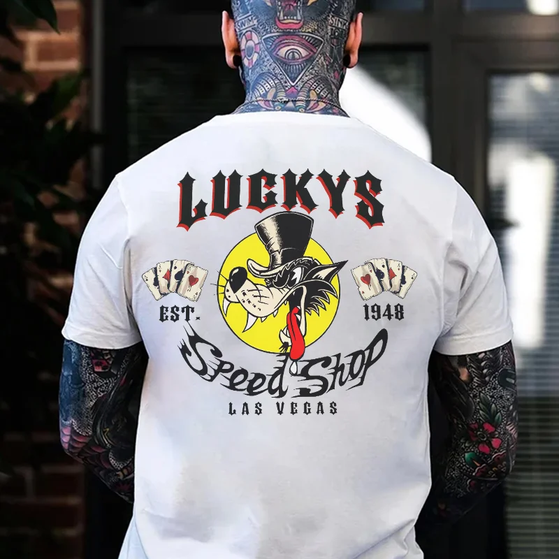 LUCKYS SPEED SHOP Wolf & Poker Print Men's T-shirt