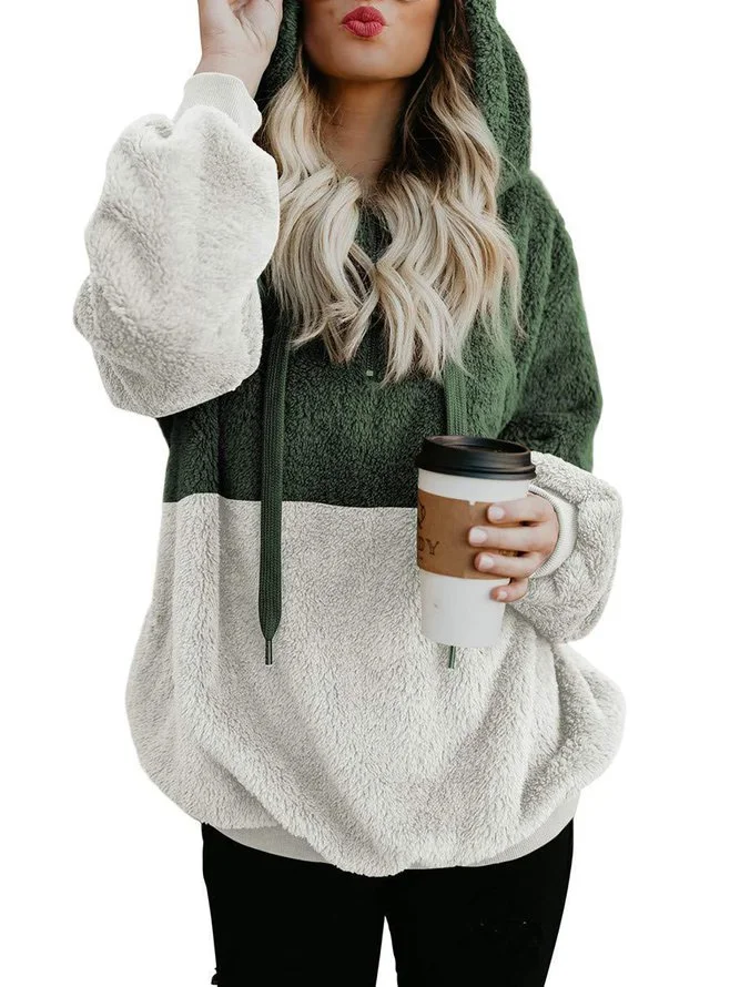 Solid Casual Color-Block Velvet Women Hoodie