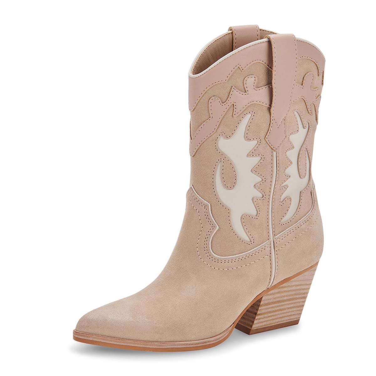 Khaki Vegan Suede Pointed Toe Decorative Inlay Cowboy Boots for Women Nicepairs