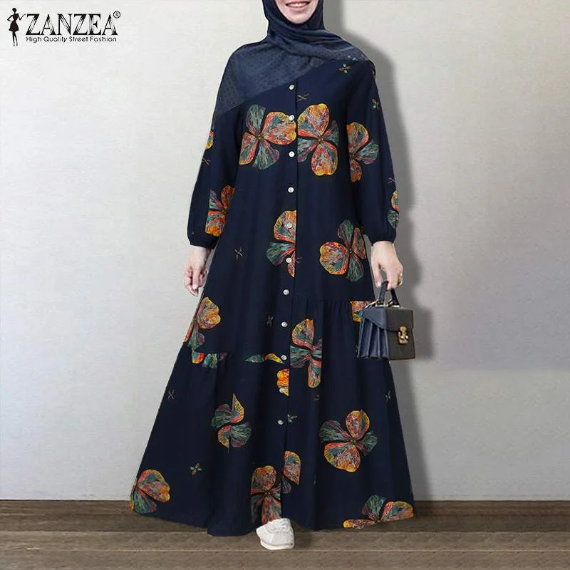 ZANZEA Vintage Floral Printed Sundress Autumn Long Sleeve Loose Maxi Long Vestido Women Retro Dubai Abaya Turkey Hijab Dress