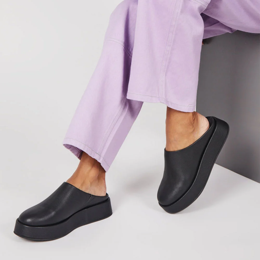 Black Faux Leather Round Toe Backless Slip On Platform Mules