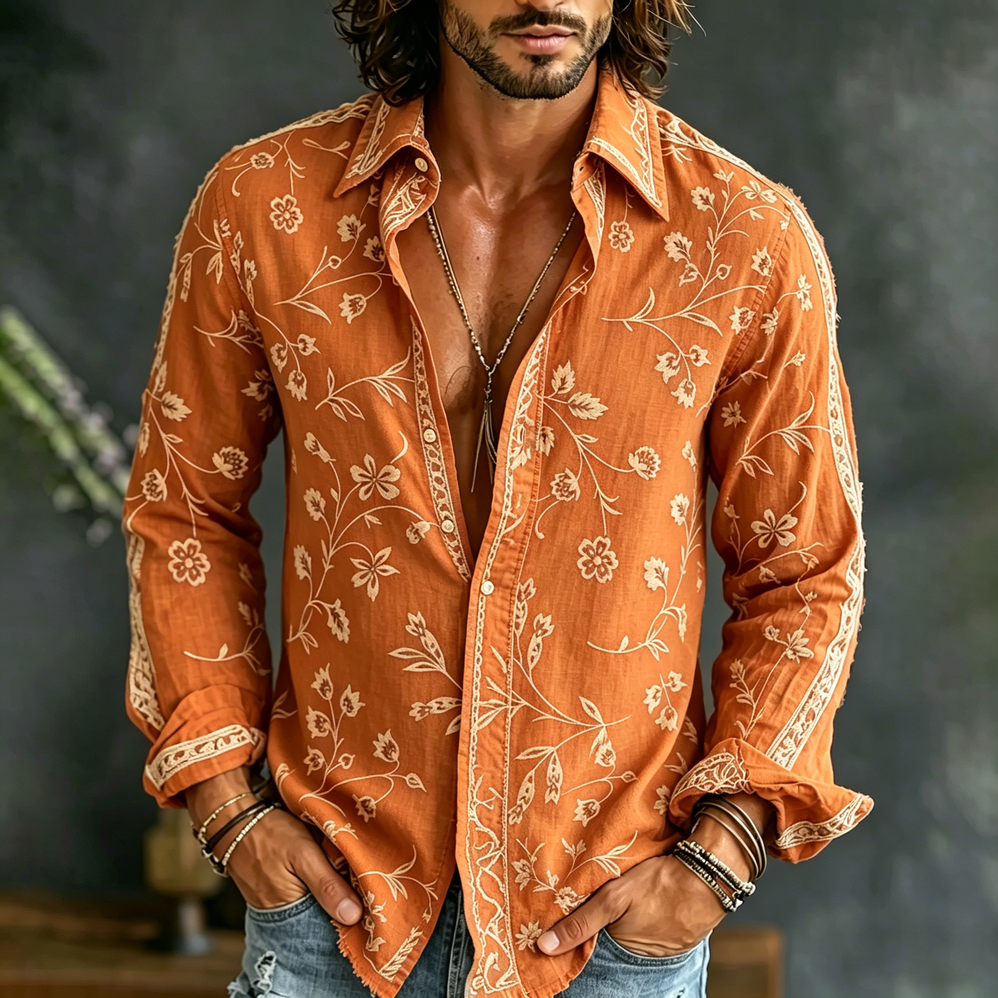 Men's Vintage Spring Floral Embroidered Art Print Flowy Linen Blend Casual Shirt artswardrobe