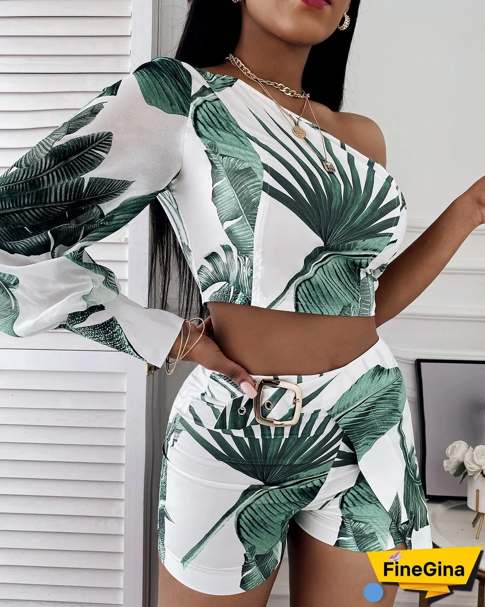 New Women's Summer Tropical Print Long-sleeved Blouse And Skirt Suit, Casual Leaf Design, Asymmetrical Tight-fitting 2-piec