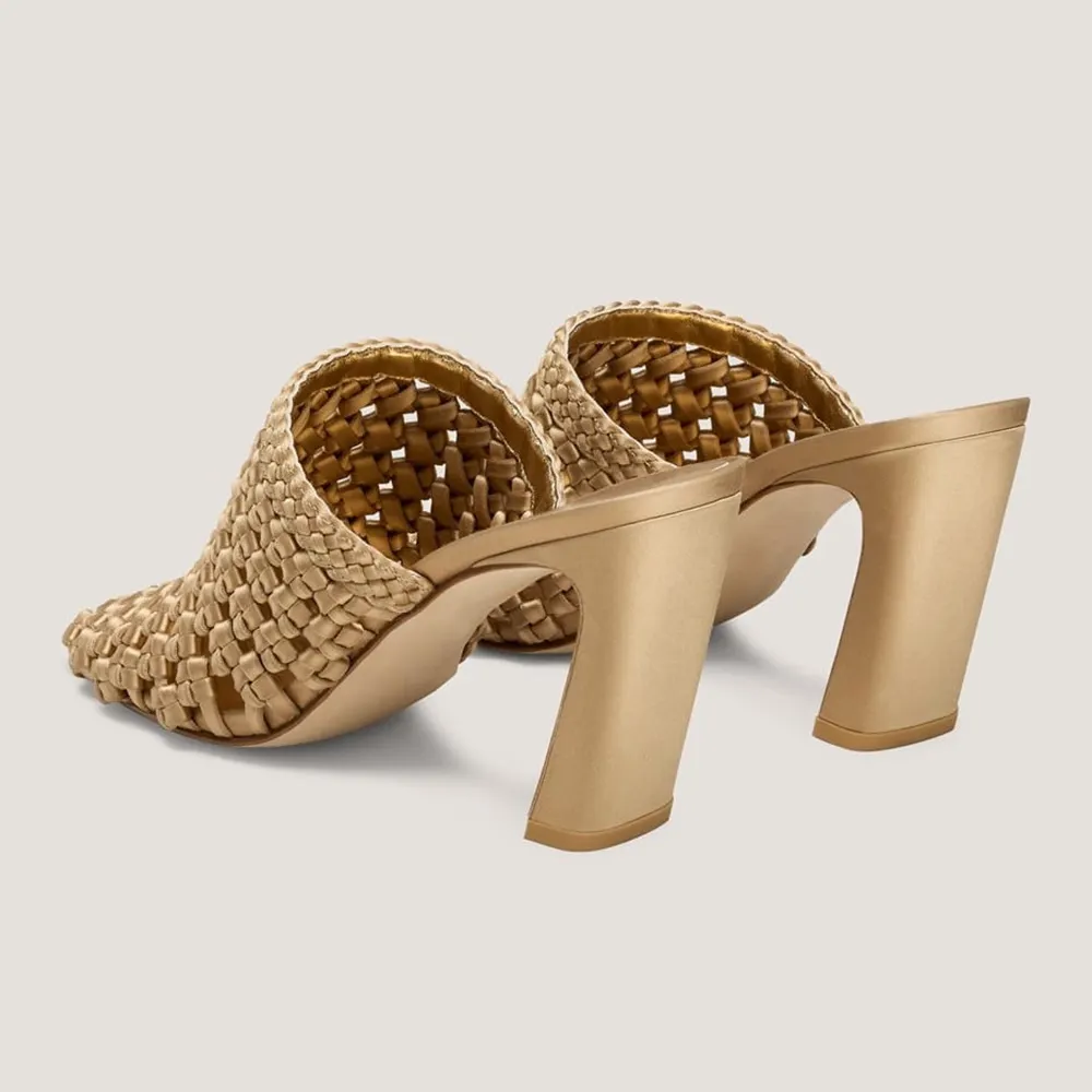 Gold Satin Woven Square Toe Slip On Block Heel Mules Shoes