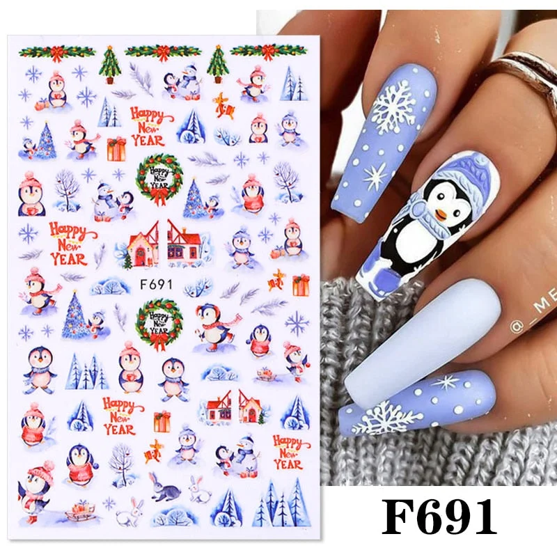 3D Christmas Sticker For Nails Cute Cartoon Sliders Snowflake Elk Xmas Tree Decal Gel Polisn Manicures Nail Art Decoration F691
