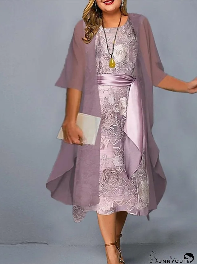 Plus Size Casual Dress Dress Set Two Piece Dress Floral Midi Dress 3/4 Length Sleeve Crew Neck Fashion Daily Pink Wine Summer Spring L XL XXL 3XL 4XL for Women