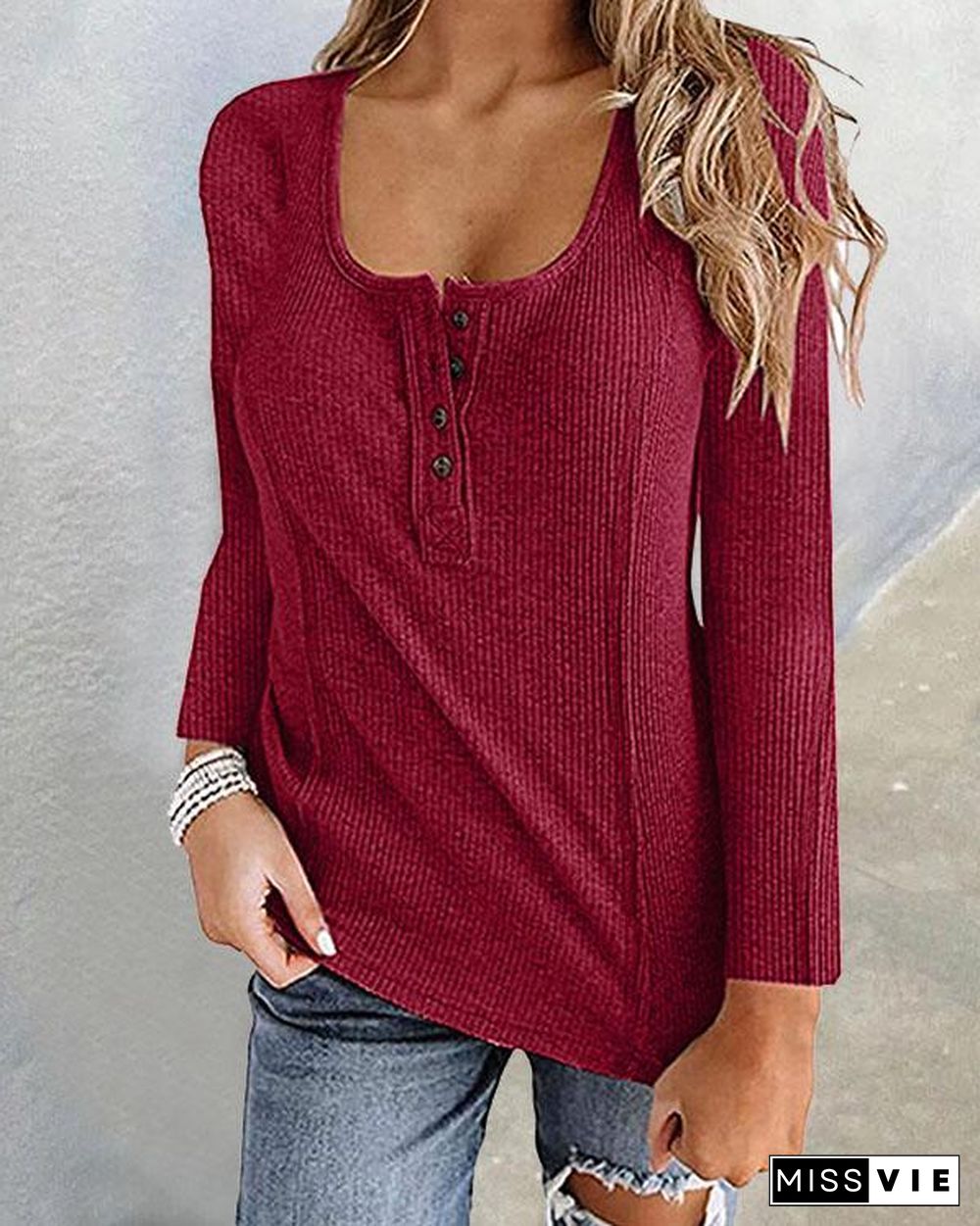 Plain Color Button U Neck Basic Fall T-shirt Tops