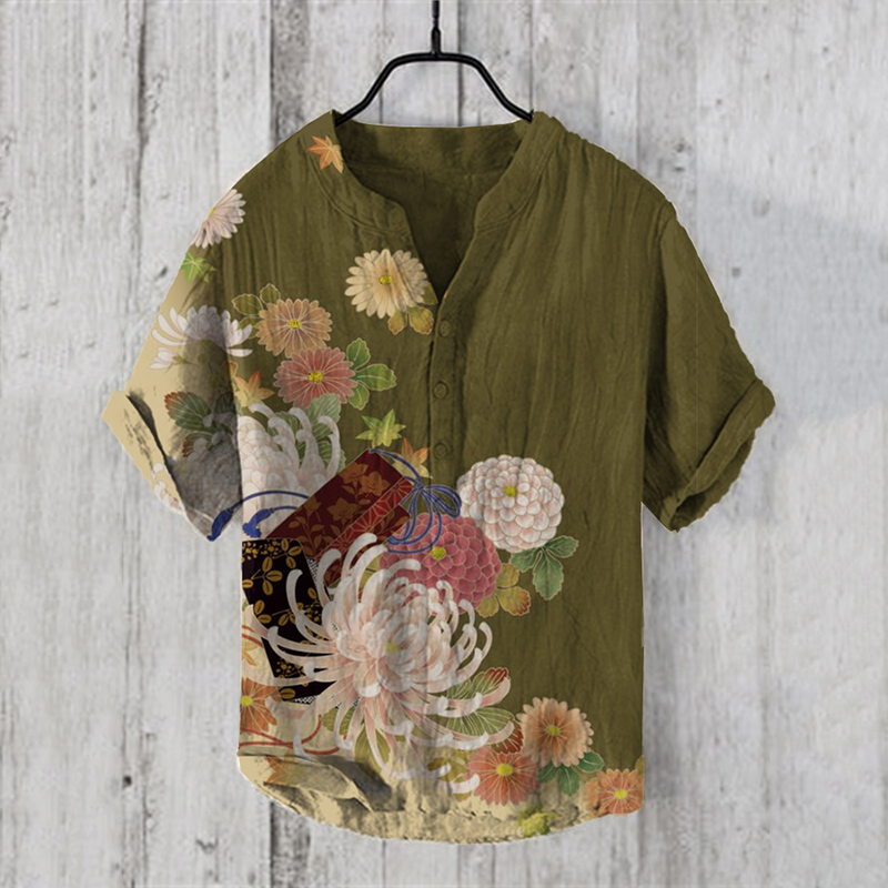 Comstylish Japanese Art Floral V Neck Casual Linen Blend Shirt