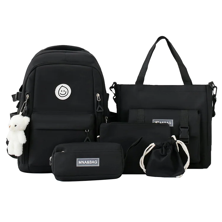 5pcs Backpack Set Canvas Patchwork Handbag for Teenagers Students (Black)