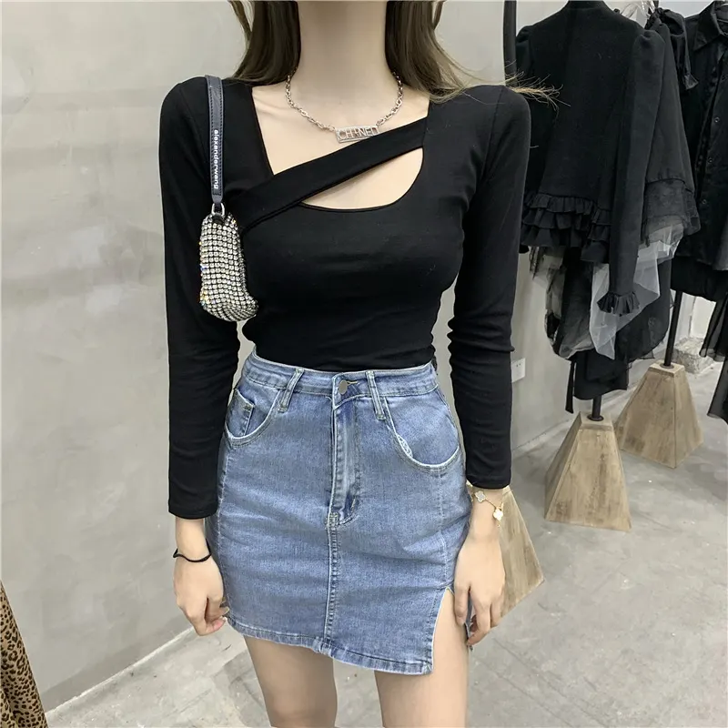 Uveng Uveng 2023 New Style Design Sense Careful Machine Hollow T-Shirt Solid Color All-Match Slim Thin Long-Sleeved Jacket Female Fashion