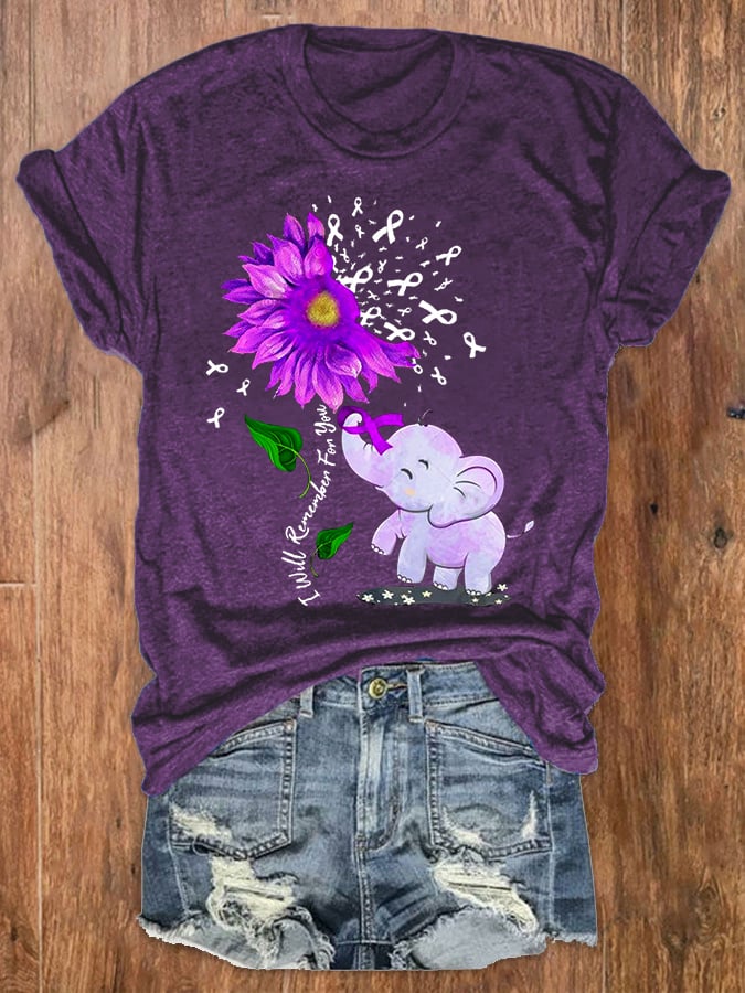 Women's I Will Remember For You Purple Ribbon Elephant Alzheimer's Awareness Supporter Fighter Tee