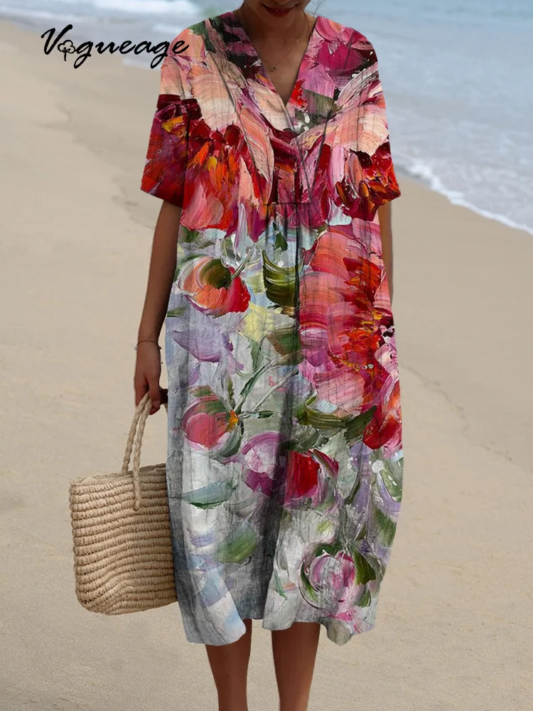 Bright Colorful Oil Painting Flowers Printed Women's Casual Cotton And Linen Dress