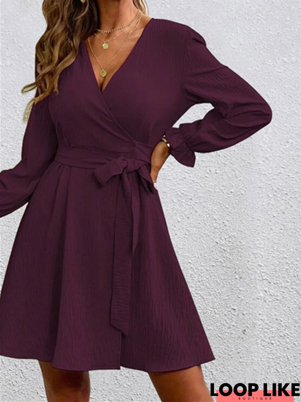 Temperament Commuter V-Neck Solid Color Lantern Sleeve Dress