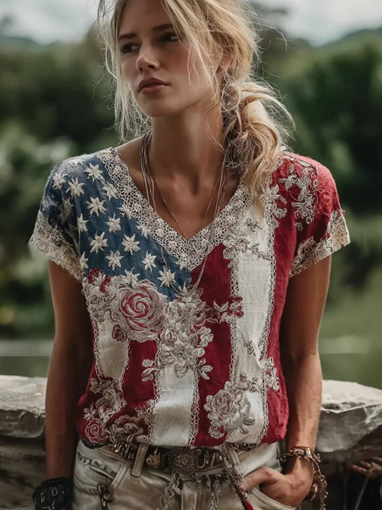 Women's Retro American Flag Element Plant Flower Embroidery Lace Patchwork Design Short-sleeve Top