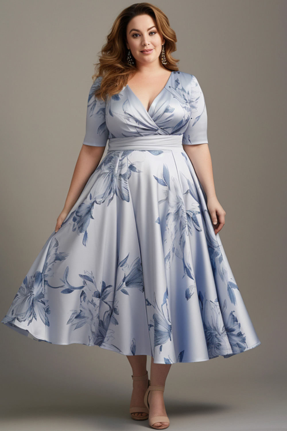 Flycurvy Plus Size Mother Of The Bride Light Blue Floral Print Wrap Tea-Length Dress