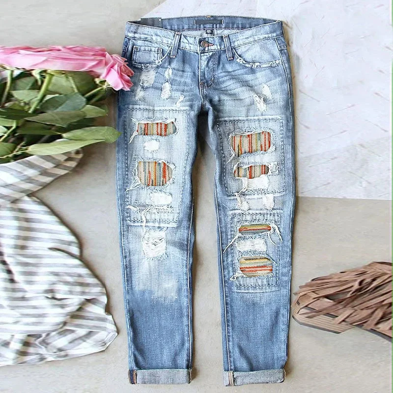 Stretch Ripped Frayed Raw Hem Distressed Denim Jeans with Holes and Pockets Srtiped, Red, Blue