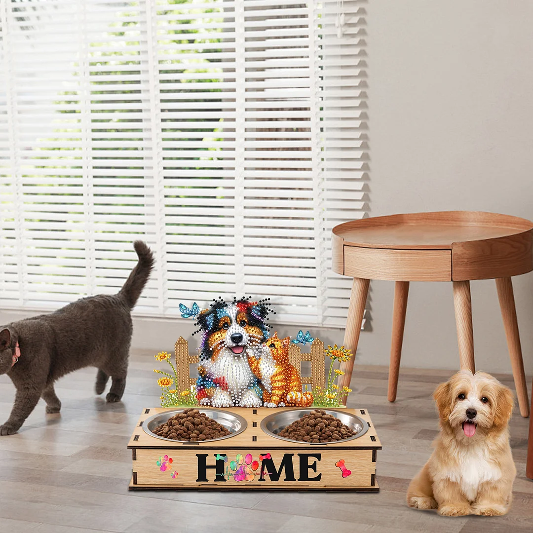 Diamond Painting Food Bowl with Wood Stand Diamond Art Dog Bowl for Small Dogs