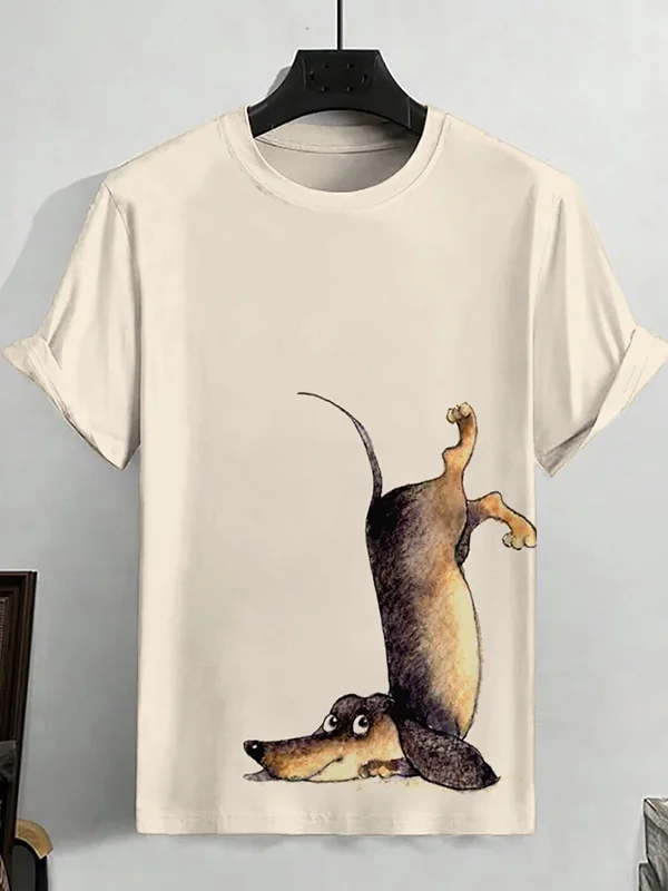 Men's Funny Falling Dachshund Dog Art Graphic Print Cotton Casual T-Shirt