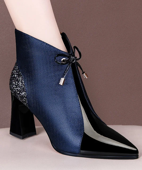 Blue Bow Splicing Zippered Chunky Boots Pointed Toe