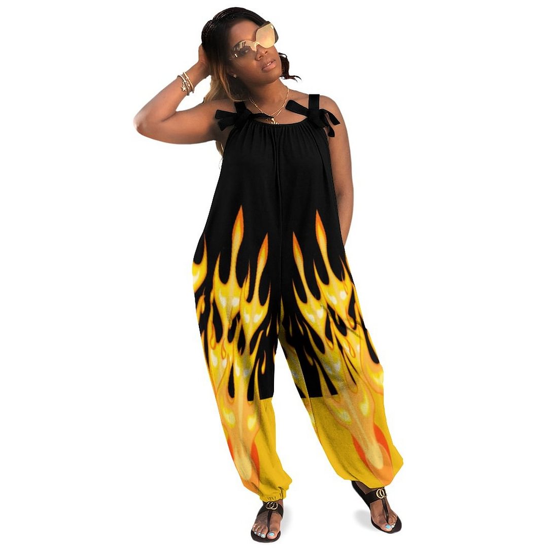 Modern Orange Yellow Fire Flames On Black Boho Vintage Loose Overall Corset Jumpsuit Without Top