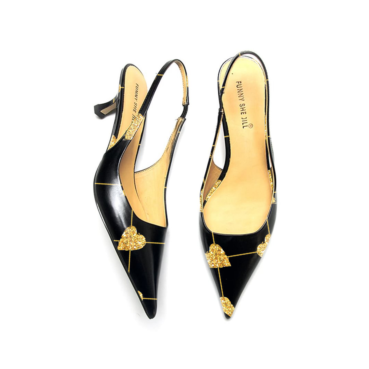 Heart-To-Heart Pattern Black Patent Leather Pointed Toe Elegant Kitten Shoes Nicepairs