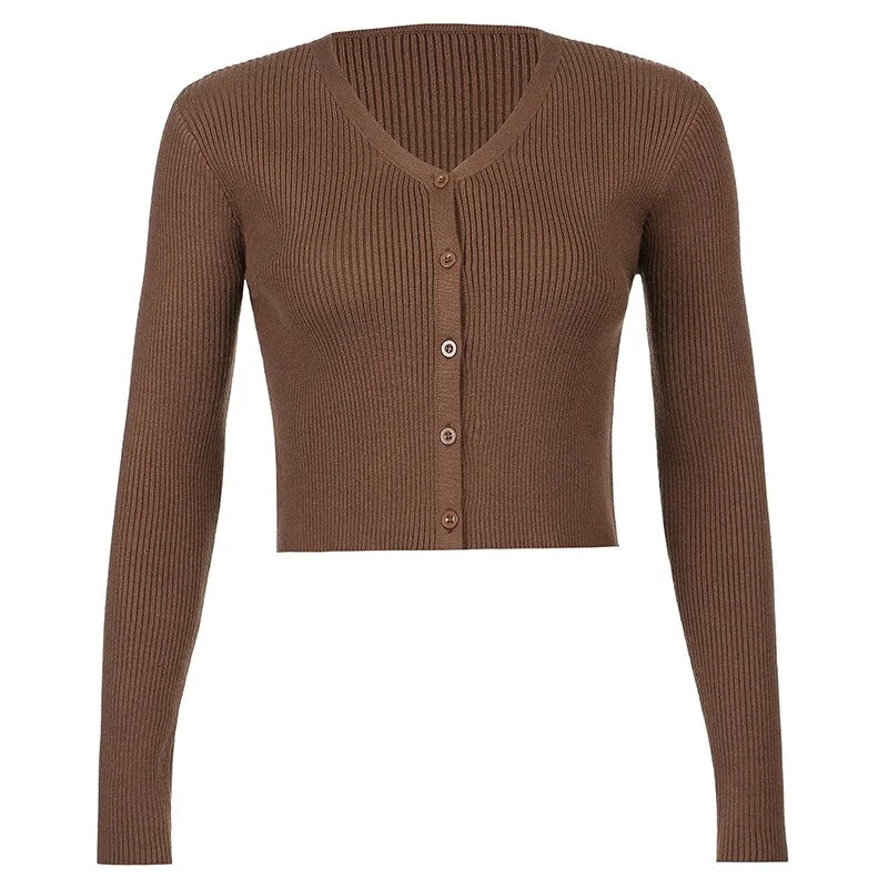 HEYounGIRL Solid Brown Knitted Crop Top Cardigan Women Casual Button Up Long Sleeve Thin Sweater Ladies Fashion Autumn Knitwear