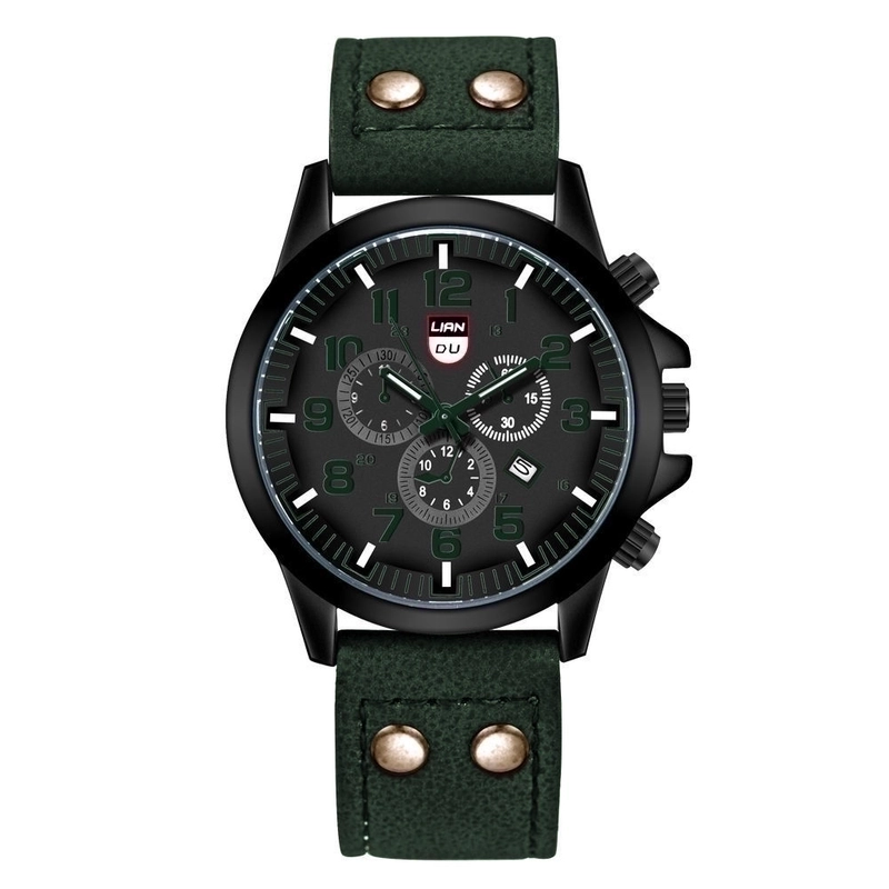 Men’s Watch Fashion Frosted Belt Three Eyes Calendar Watch Black Shell Three Eyes Sports Watch