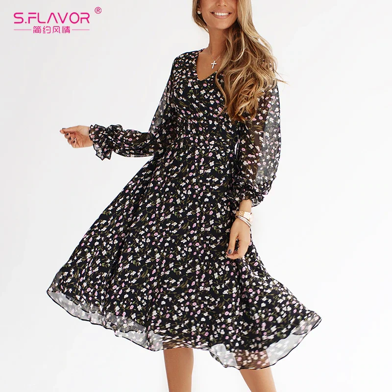 Jangj S.FLAVOR Elegant Floral Print Women's Sundress Casual Long Sleeve V Neck Chiffon Dresses Autumn A-line Vintage Clothing Vestidos