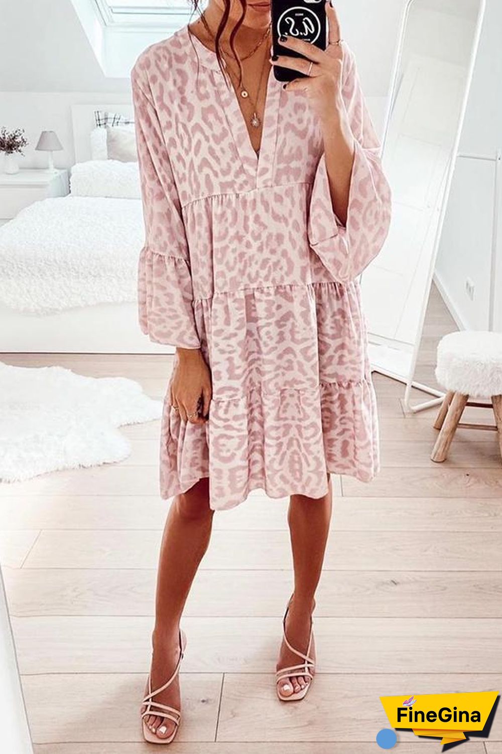 Leopard Print V-neck Mini Dress P13168