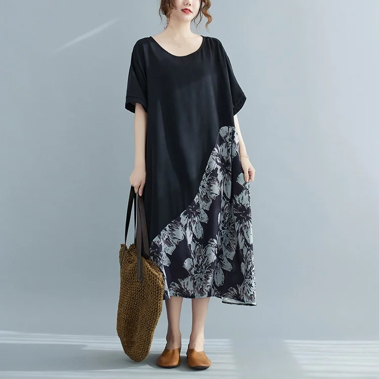 Literary Loose Cotton And Linen Splicing Midi Dress