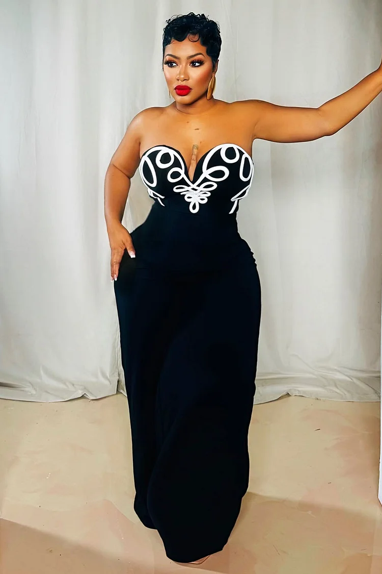 Line Printed Strapless Pinch Waist Party Wide Leg Jumpsuit - Red [Pre Order]