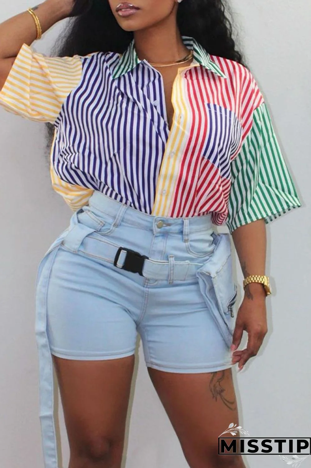 Colour Casual Striped Print Patchwork Buckle Turndown Collar Tops
