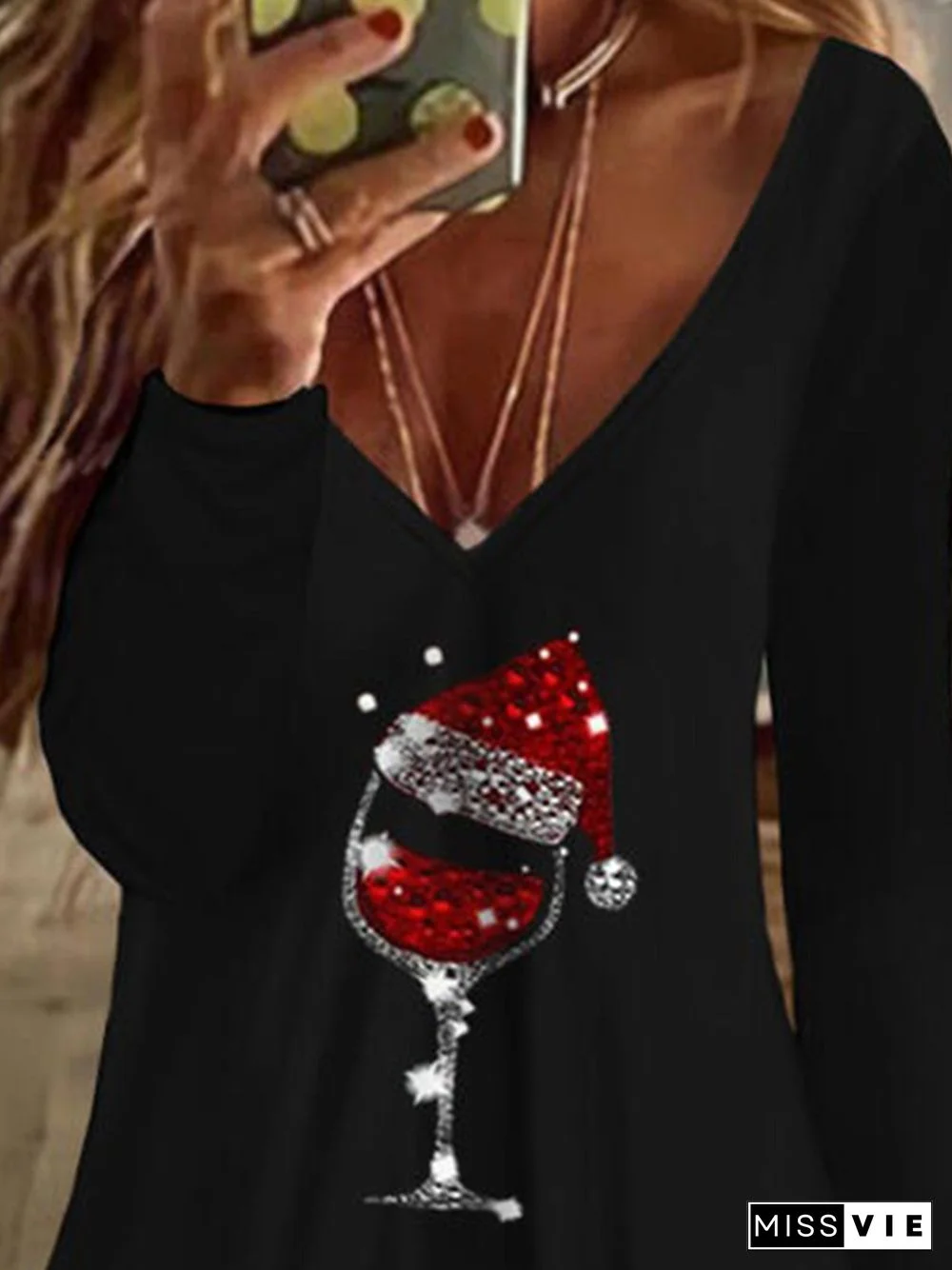 Wine Glass Pattern Long Sleeves V Neck Plus Size Casual Tops