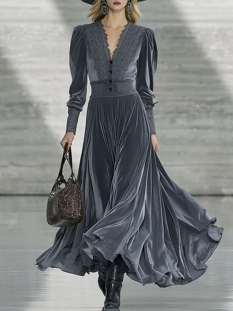 Fashion Retro Lace Gray Velvet Maxi Dress