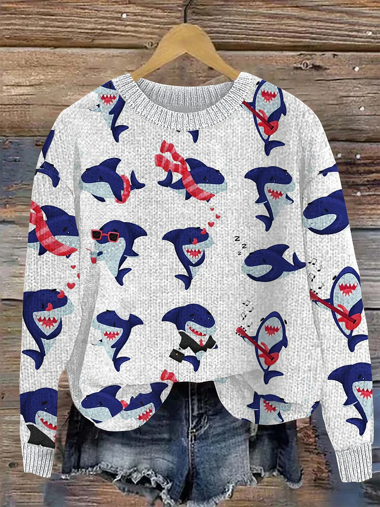 Cute Cold Shark Print Cozy Knit Sweater