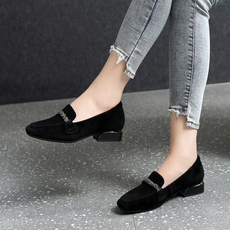 2021 Autumn Winter Women Loafers Low Heels Boat Shoes Square Toe Dress Shoes Chain Faux Suede Plush Warm Ladies Shoes