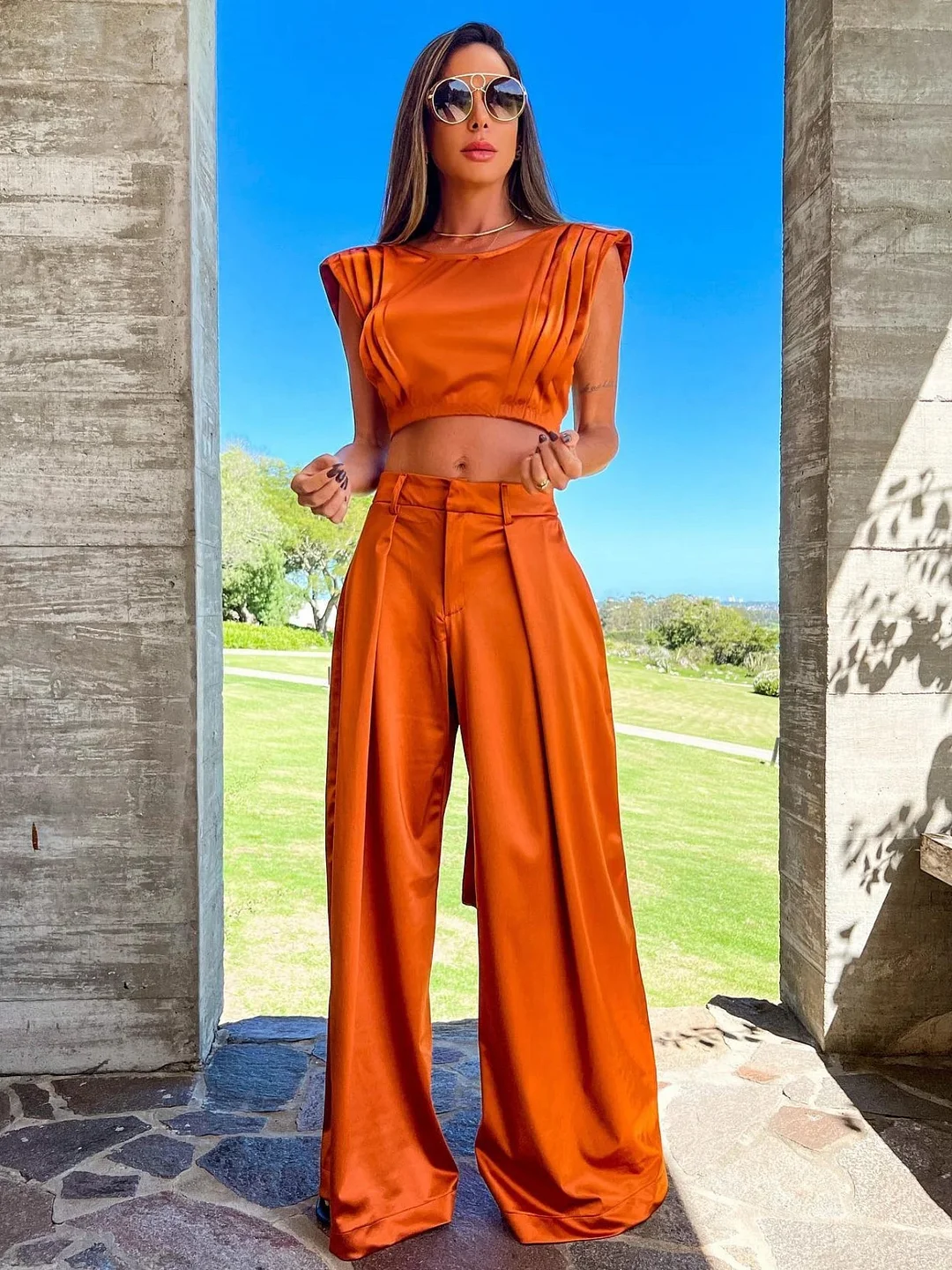 Huiketi Women Two Piece Set With Pants Round Neck Tie Up Sleeveless Pleated Top Wide Leg Loose Pants Suit Summer Office Lady Set