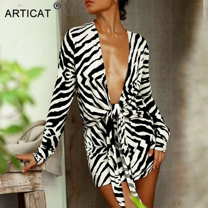 Articat Zebra Print Bandage Shirt Dress Women V-Neck Outwear Female Long Sleeve Autumn Beachwear Women Printed Shirts Dress