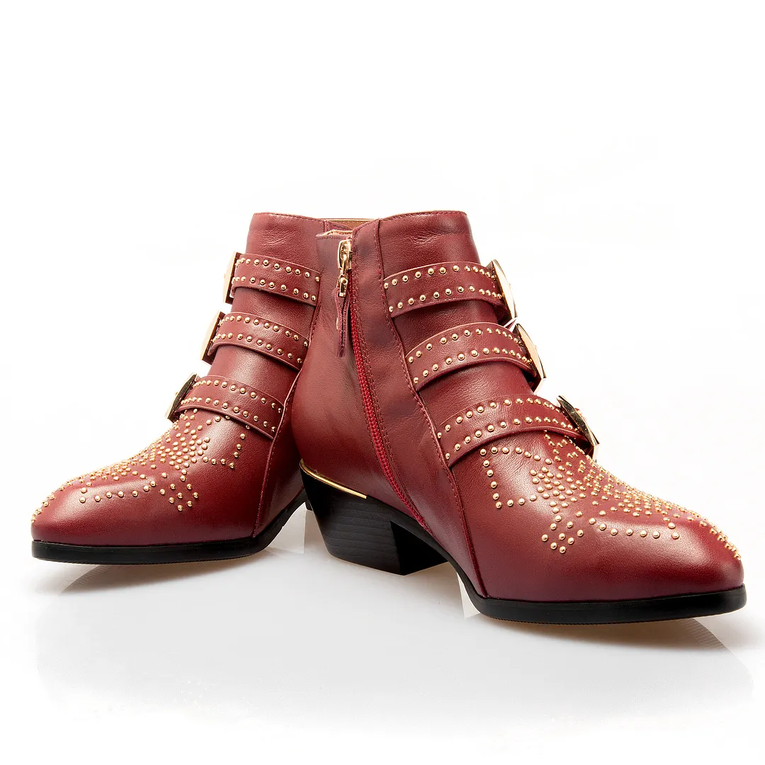 Women's Rivets Metal Buckle Low Heels Ankle Boots-vocosishoes