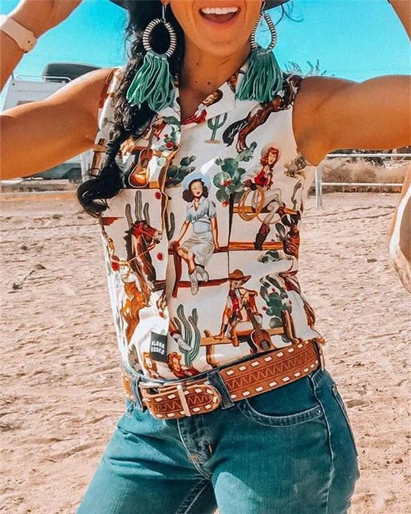 Women Summer Daily Causal Vintage Boho Geometric Printed Shirt Collar Vest Tops