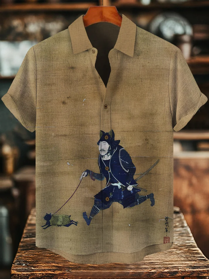 Men's Retro Japanese Art Samurai And Cat Print Short Sleeve Shirt