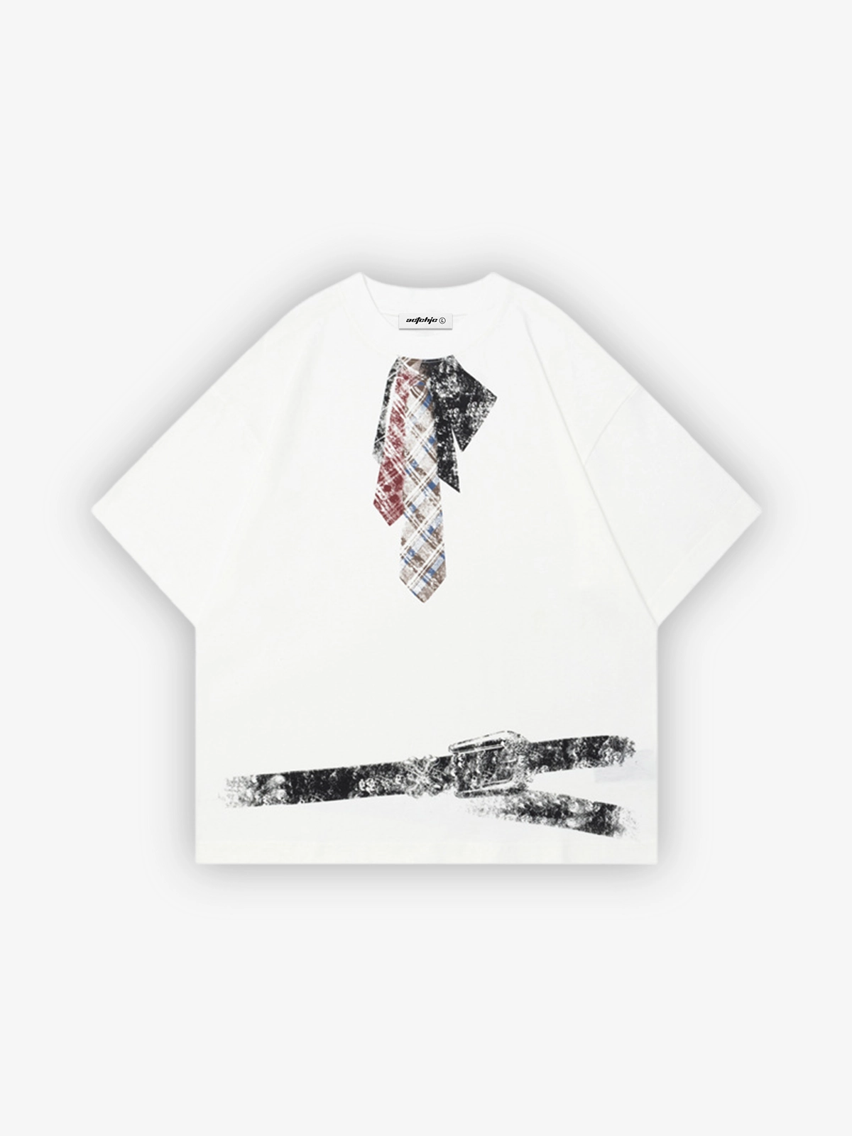 White Act Chic Faux Necktie Waistbelt Print Tee Front
