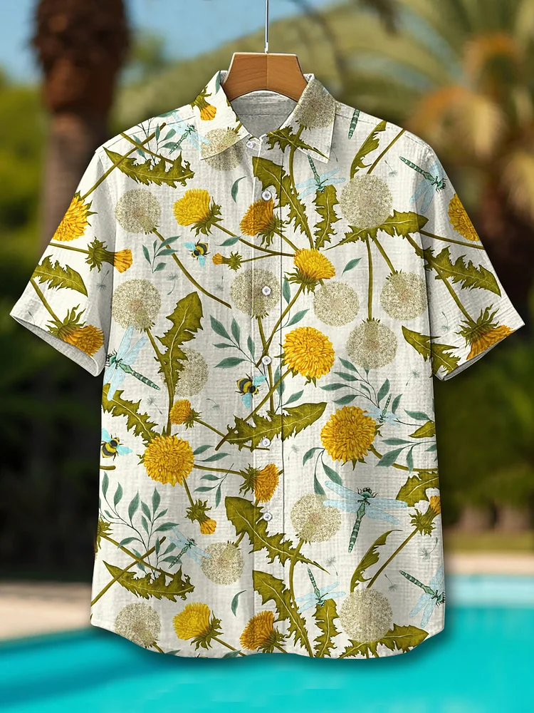 Men's Dandelions And Dragonflies Art Print Short Sleeve Shirt