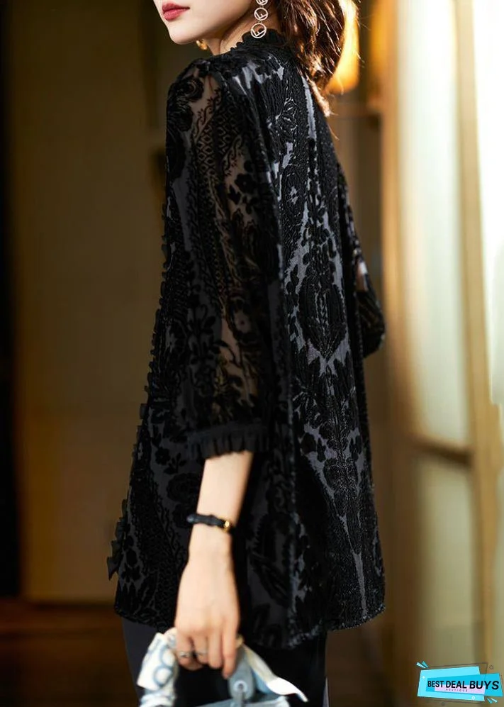 New Black V Neck Ruffled Silk Velour Tops Bracelet Sleeve