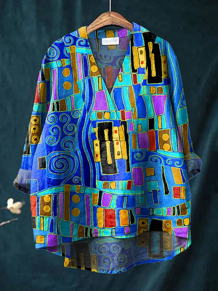 Women's Abstrct Art Print Casual Cotton And Linen V-neck Shirt
