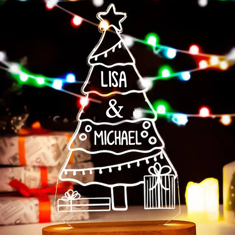 Kettenmachen Personalisiertes 2 Namen Weihnachtsbaum Nachtlicht mit 2 Familienmitgliedern